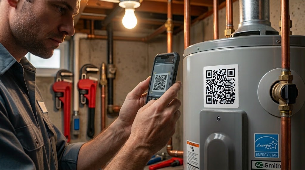 A tradesperson scanning a QR label on a water heater.