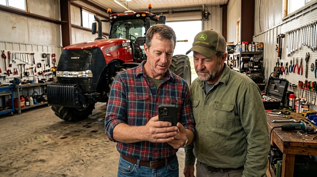 Two people looking at a phone together in a farm workshop, with a tractor behind them.