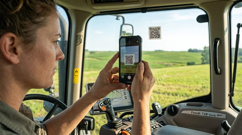 A person in a tractor cab scanning a QR label with a phone.