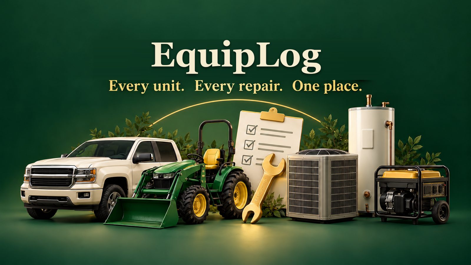 A pickup, a tractor, a generator, an air conditioner, and a clipboard checklist on a green background with the EquipLog name.