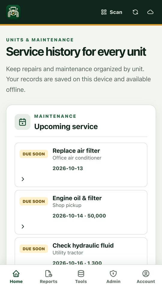 Home screen showing upcoming maintenance.